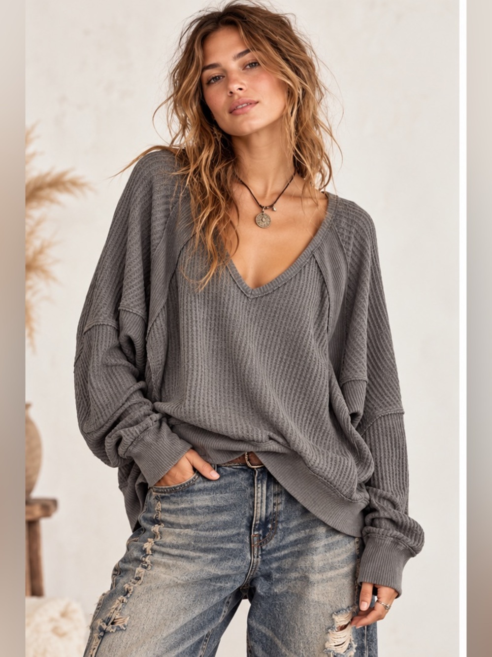 We The Free Gray Santa Clara Thermal Casual Grunge Waffle V-Neck Sweater Small